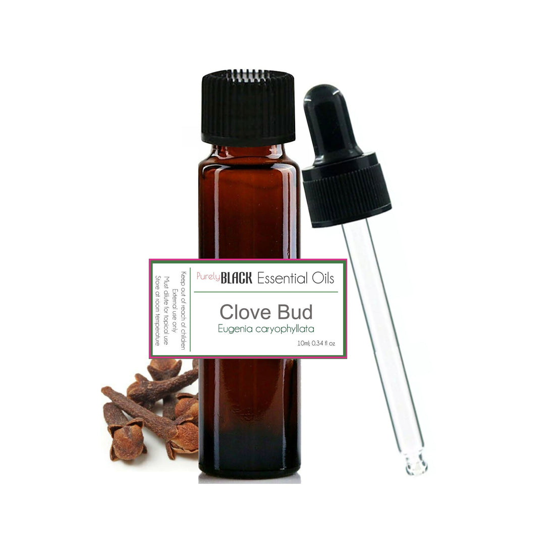 A spray bottle of DIY clove oil mould remover next to a bottle of purelyBlack pure clove essential oil.