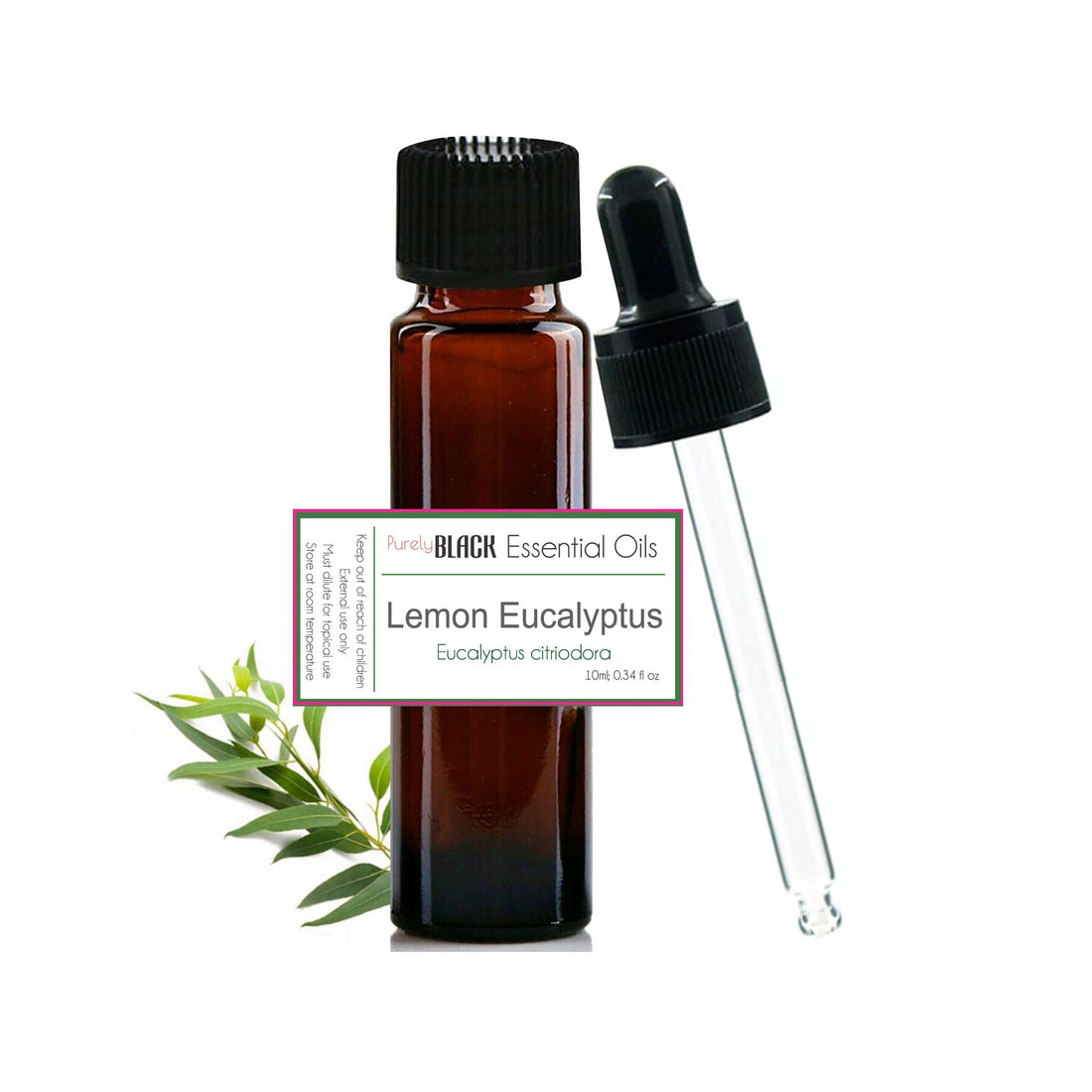 A bottle of PurelyBlack pure eucalyptus lemon essential oil on a wooden surface with fresh lemon leaves.