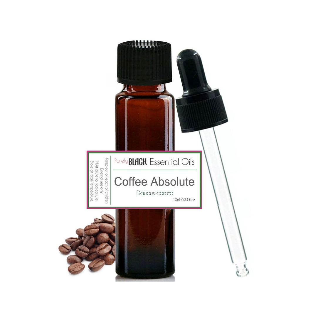 Bottle of purelyBlack Coffee Essential Oil next to roasted coffee beans and a diffuser.