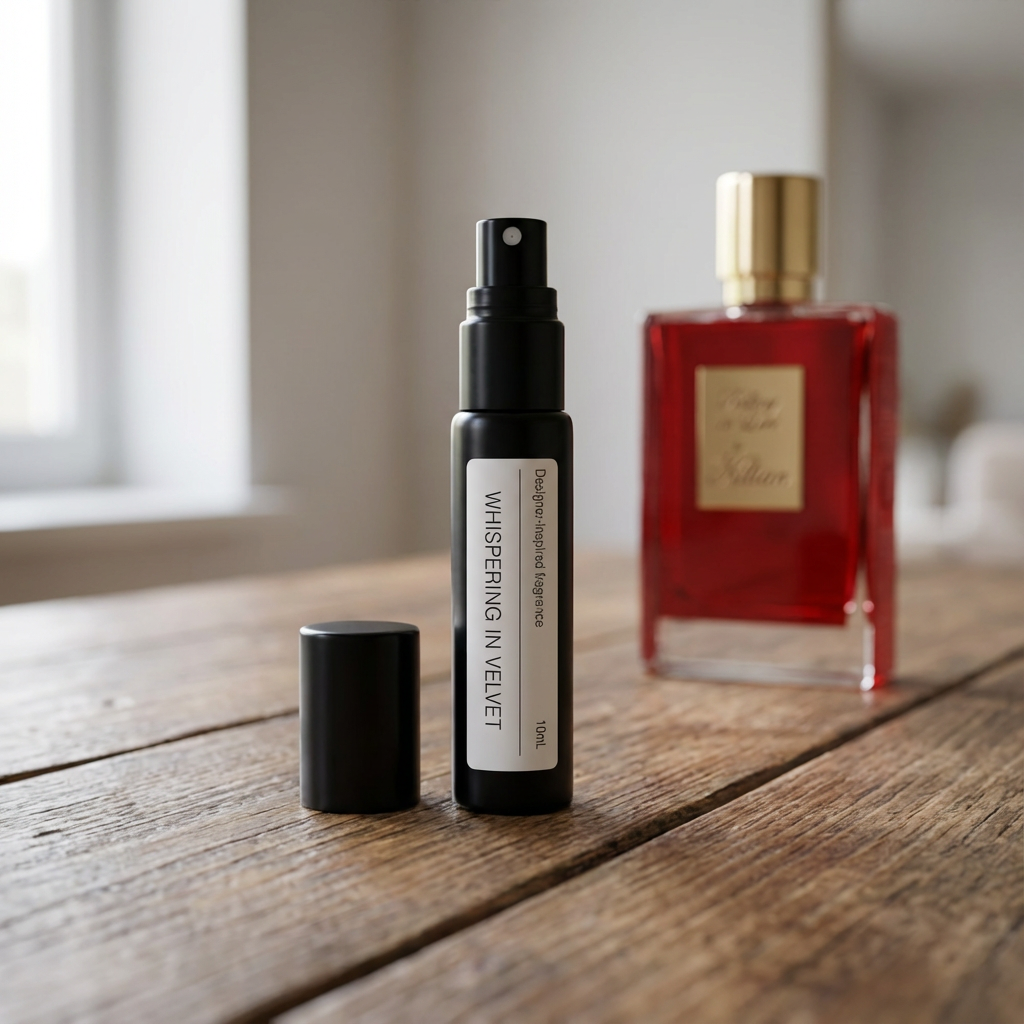 A sleek red-tinted perfume oil bottle containing a creamy almond scent, sitting on a velvet surface next to iris flowers and almond kernels.