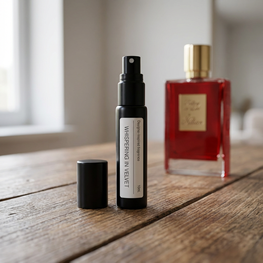 A sleek red-tinted perfume oil bottle containing a creamy almond scent, sitting on a velvet surface next to iris flowers and almond kernels.