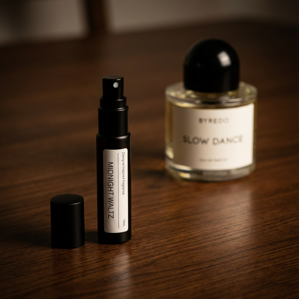 A minimalist perfume oil bottle containing a golden amber liquid, sitting on a velvet cloth next to dried vanilla pods and violet flowers.