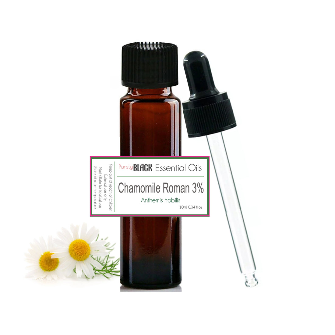 A bottle of pure chamomile roman oil used for gentle baby and child calming in Australia.