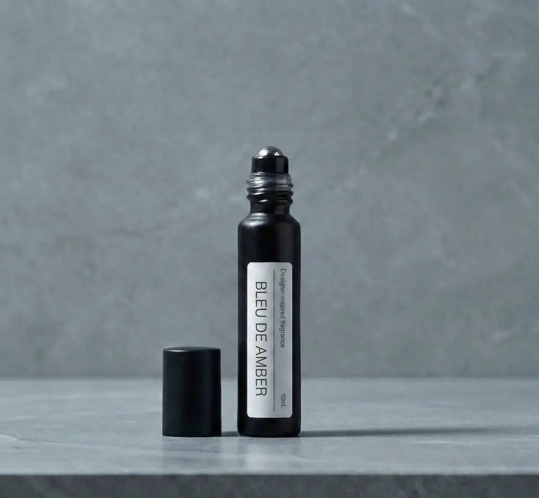 purelyBlack MIDNIGHT BLUE perfume oil bottle and travel spray as the best Chanel BLEU DE CHANEL dupe in Australia.