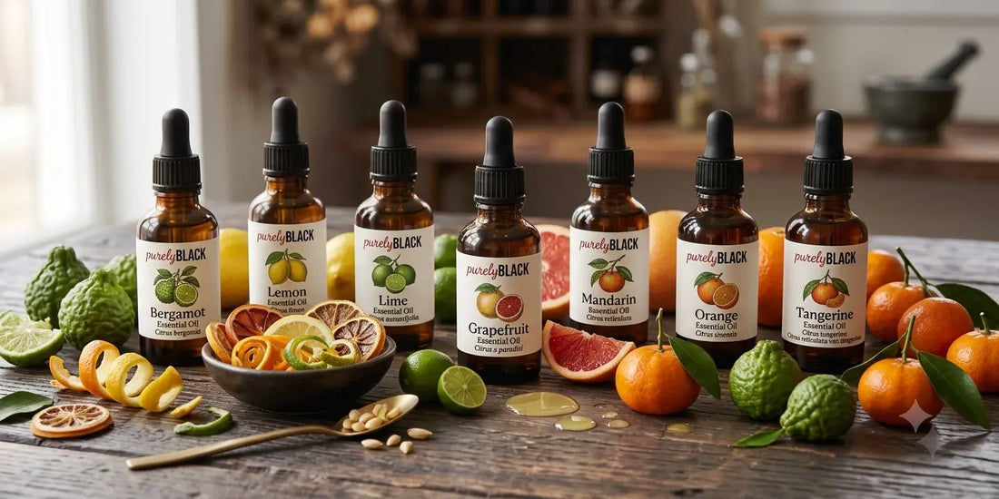 A bottle of purelyBlack tangerine essential oil sitting on a natural timber surface in a brightly lit Australian home.