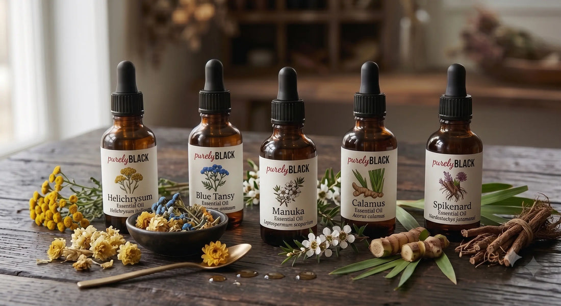 A bottle of purelyBlack Helichrysum essential oil on a wooden table, representing premium natural aromatherapy in Australia.