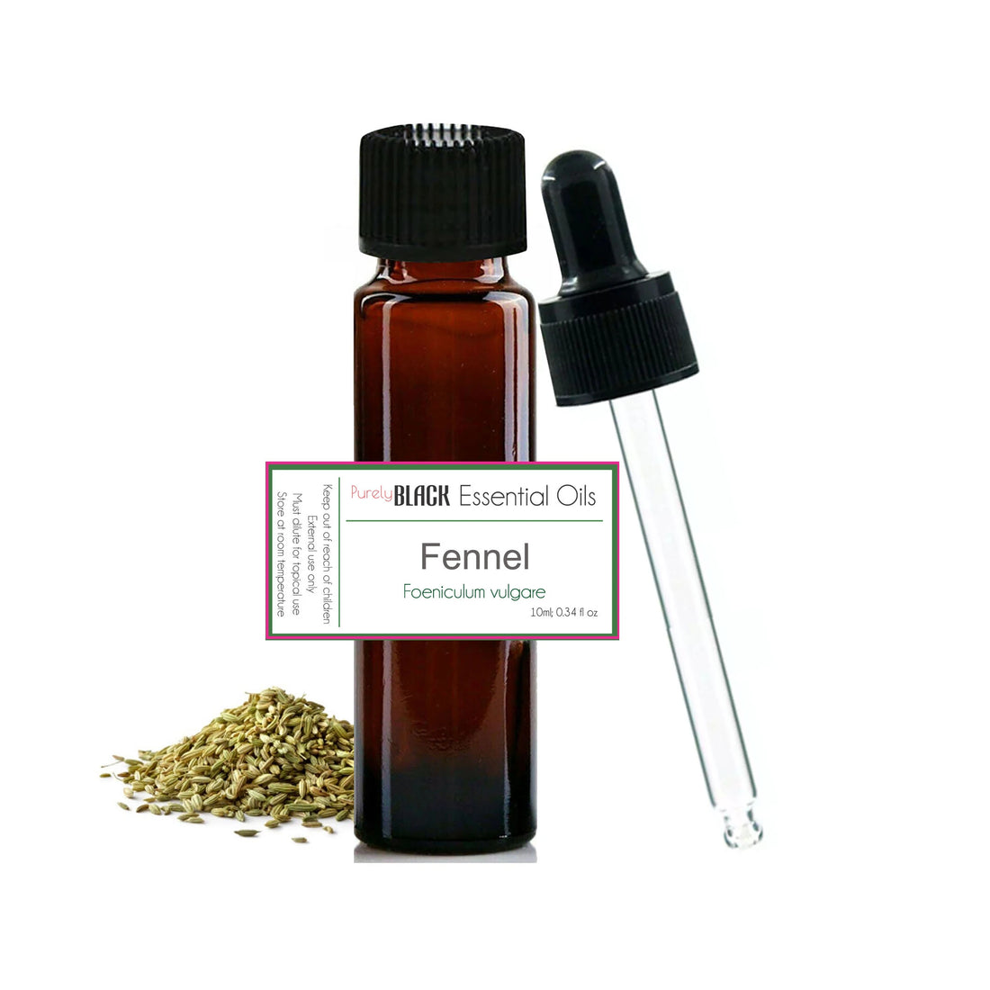 A bottle of pure fennel oil with fennel seeds, used for bloating and digestive comfort in Australia.