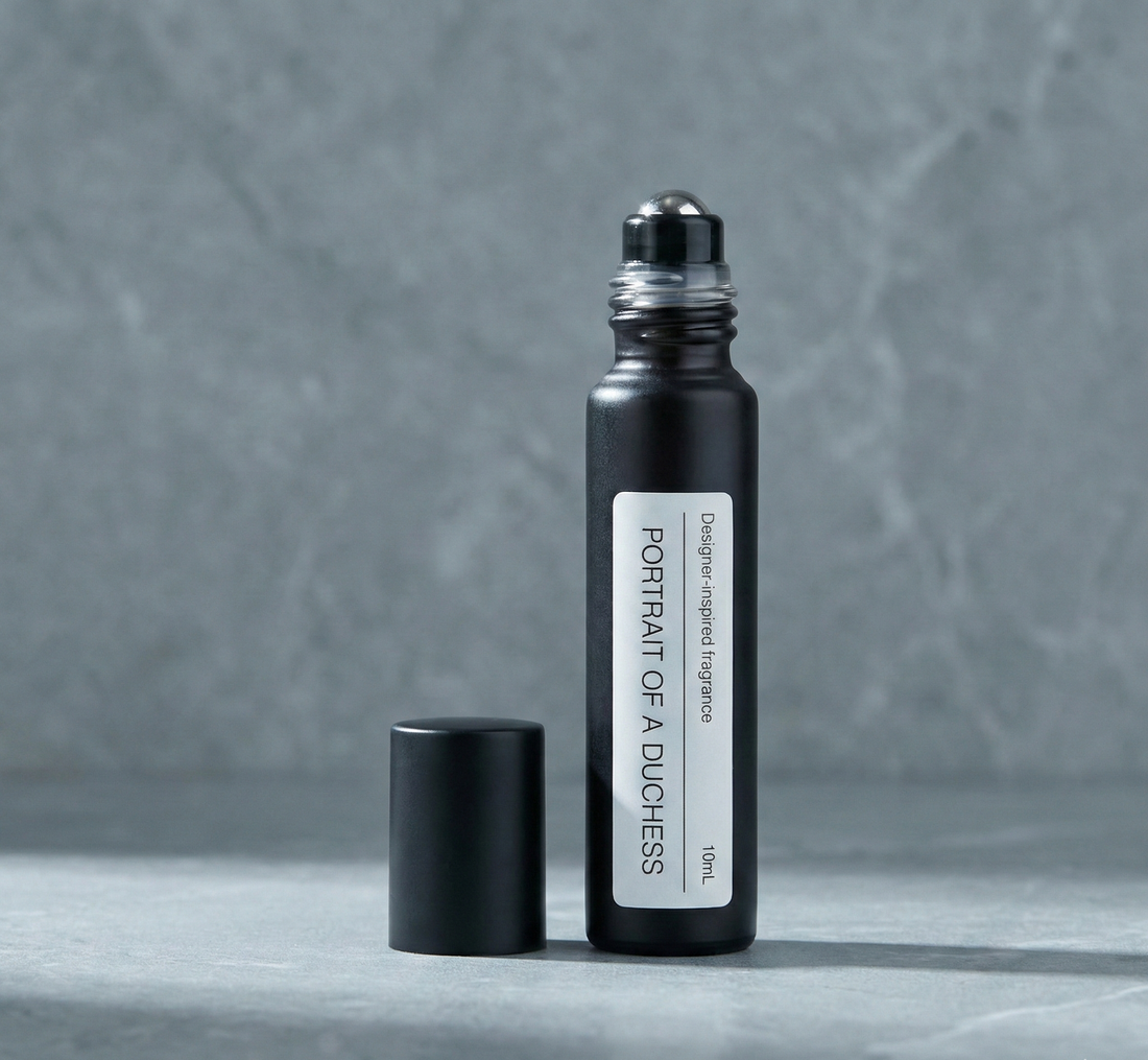 PurelyBlack Portrait of a Duchess perfume oil roller applied to a wrist for fragrance layering and creating a signature scent.