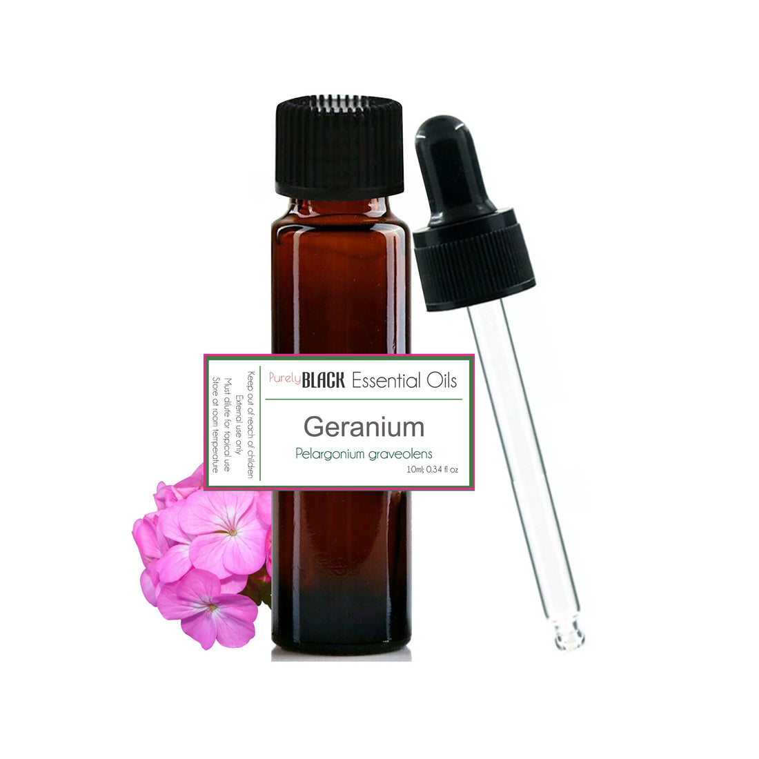 A bottle of pure geranium oil with geranium flowers, used for hormone balance support in Australia.