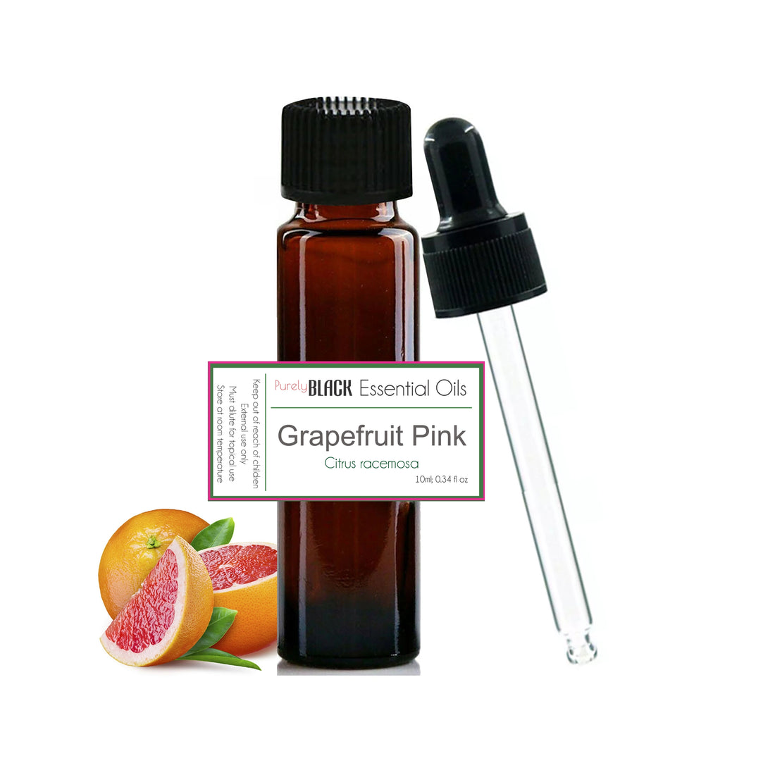 A bottle of pure grapefruit oil with grapefruit halves, used for cellulite and skin toning in Australia.