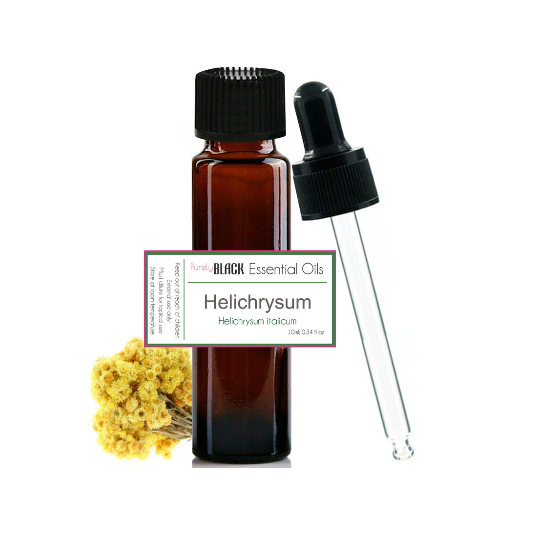 A bottle of pure helichrysum oil next to helichrysum flowers, used for fading bruises and scars in Australia.