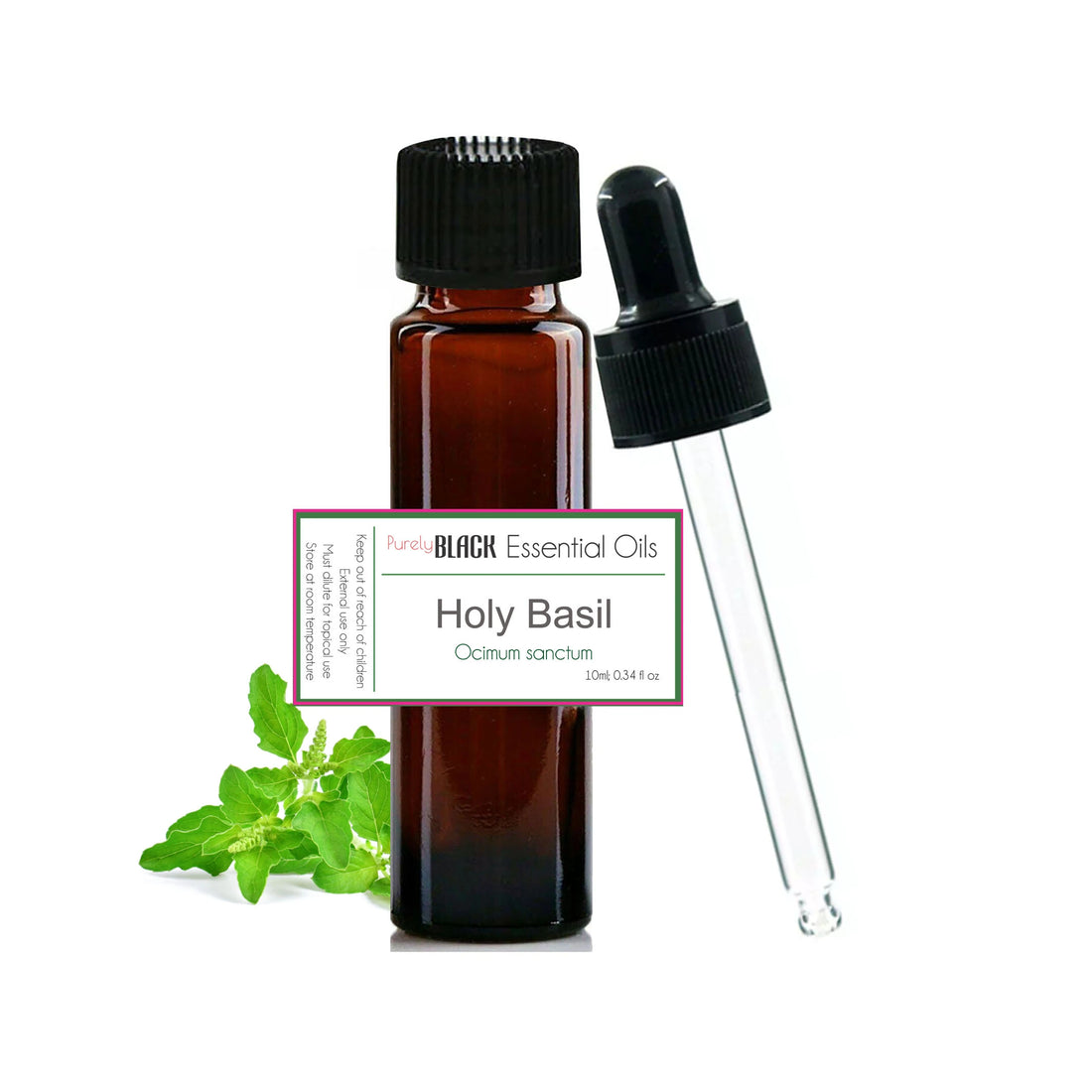 A bottle of pure holy basil oil next to fresh holy basil (tulsi) leaves, used for anxiety support in Australia.