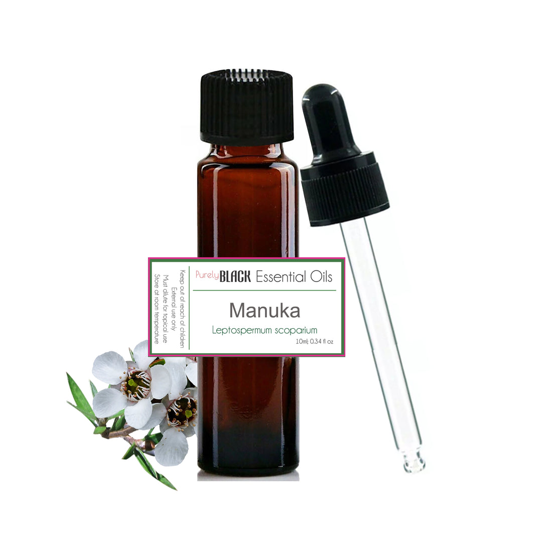 Pure manuka oil bottle with leaves for skin healing in Australia