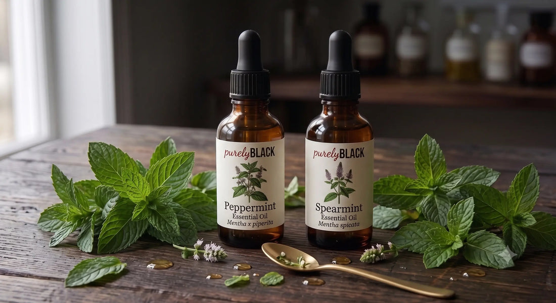 A bottle of purelyBlack Peppermint essential oil next to fresh mint leaves on a wooden surface in Australia.