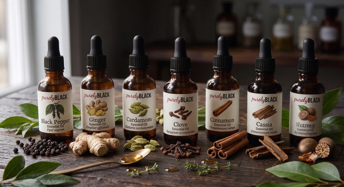 A bottle of purelyBlack Cinnamon Leaf essential oil on a wooden table, representing natural botanical products in Australia