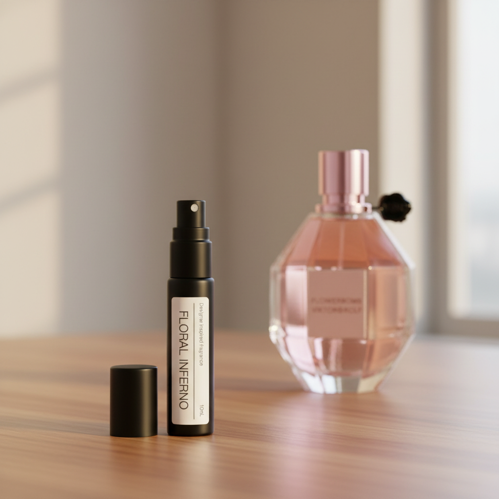 Close up of a luxury glass perfume roll-on bottle representing the best Viktor and Rolf Flowerbomb dupe Australia next to fresh orchid and jasmine blossoms.