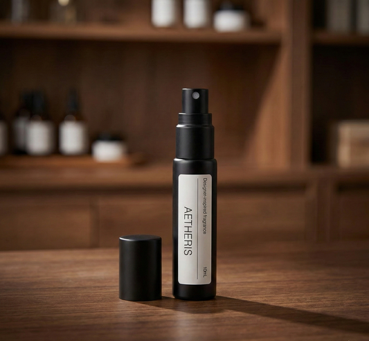 Aetheris spray bottle on a wooden surface with a blurred background of shelves.
