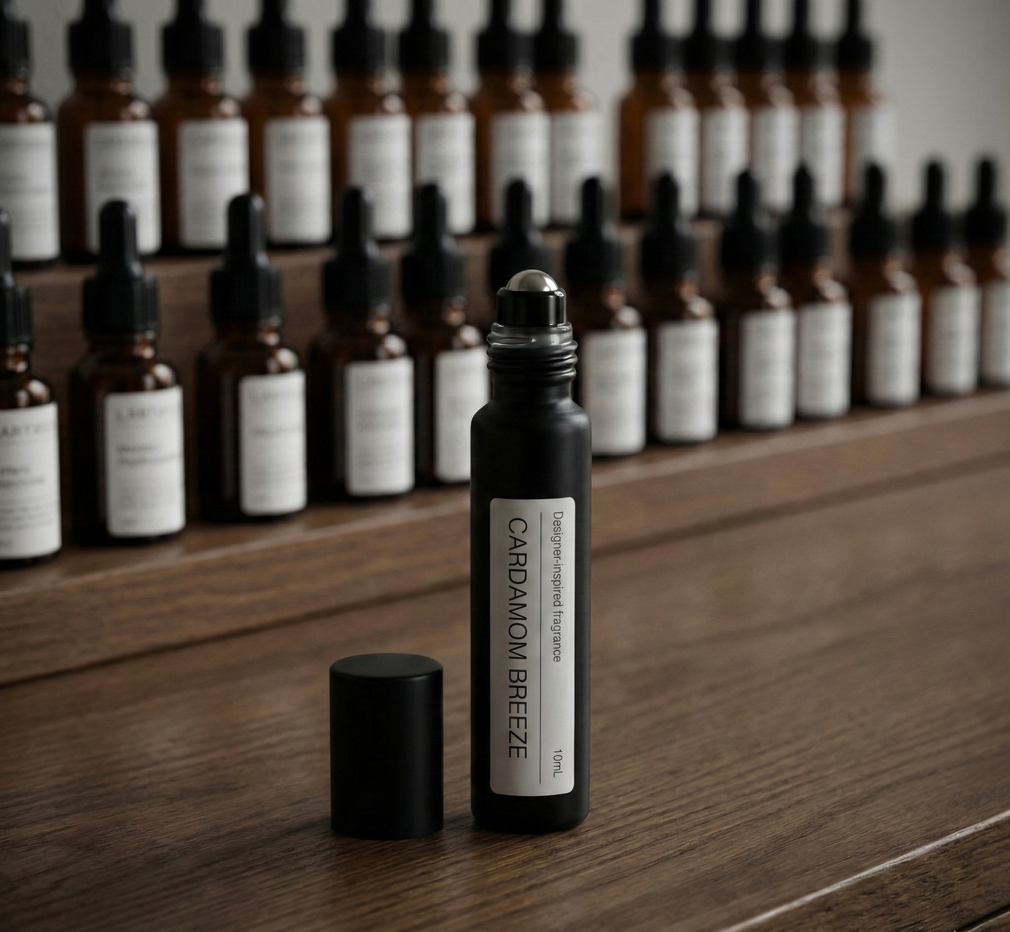 Roll-on perfume on white backdrop, CARDAMOM BREEZE fresh citrus alternative to Aesop OLOUS