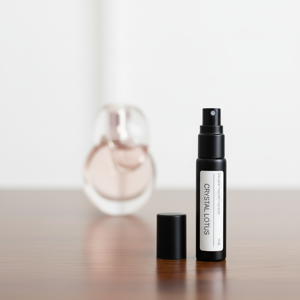 Bottle of Bvlgari Omnia Crystalline dupe perfume oil next to white lotus flowers and travel case