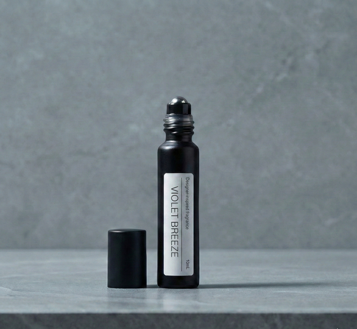 Purple-capped perfume roller, VIOLET BREEZE floral woody musk alternative purelyBlack