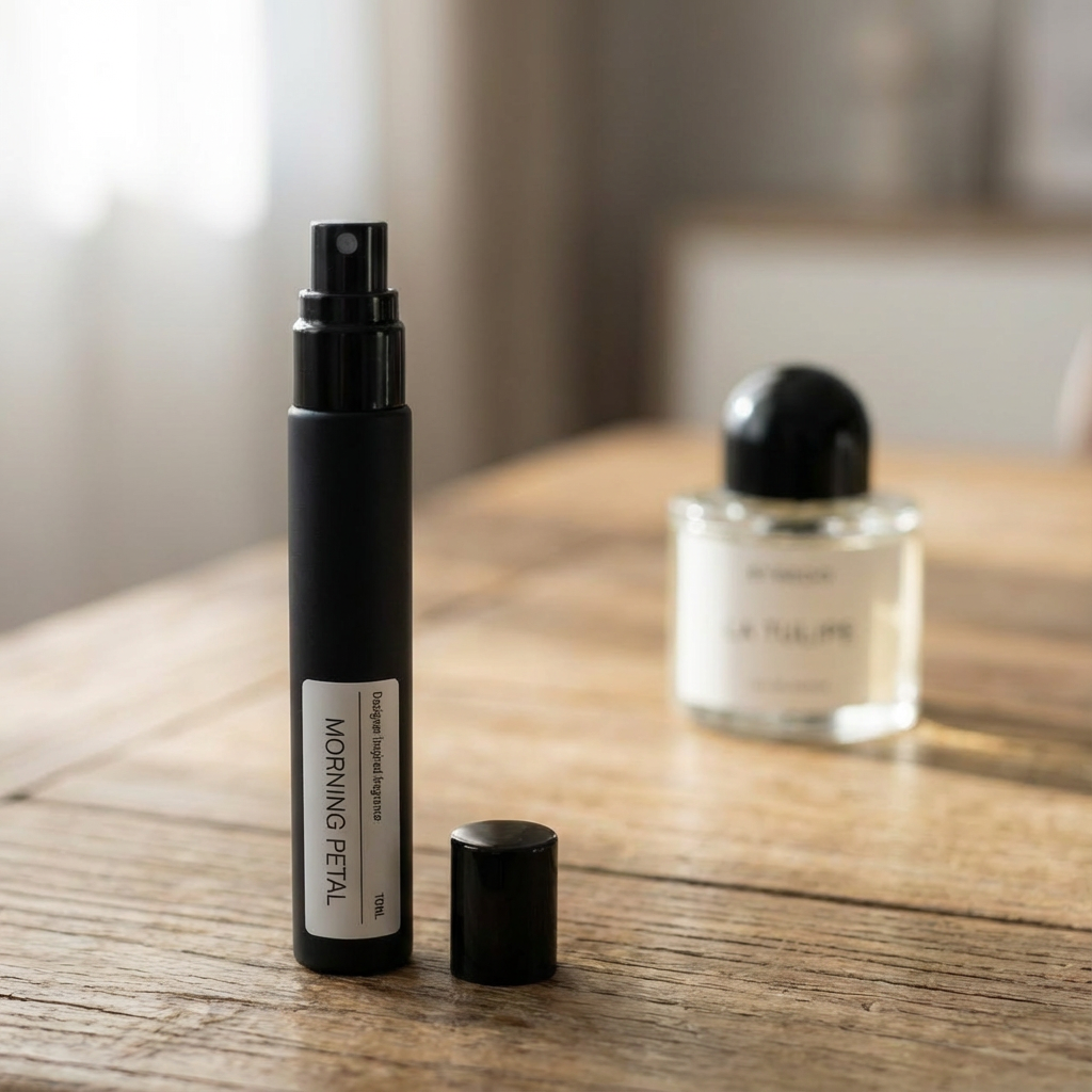 Close-up of perfume rollerball MORNING PETAL floral green alternative
