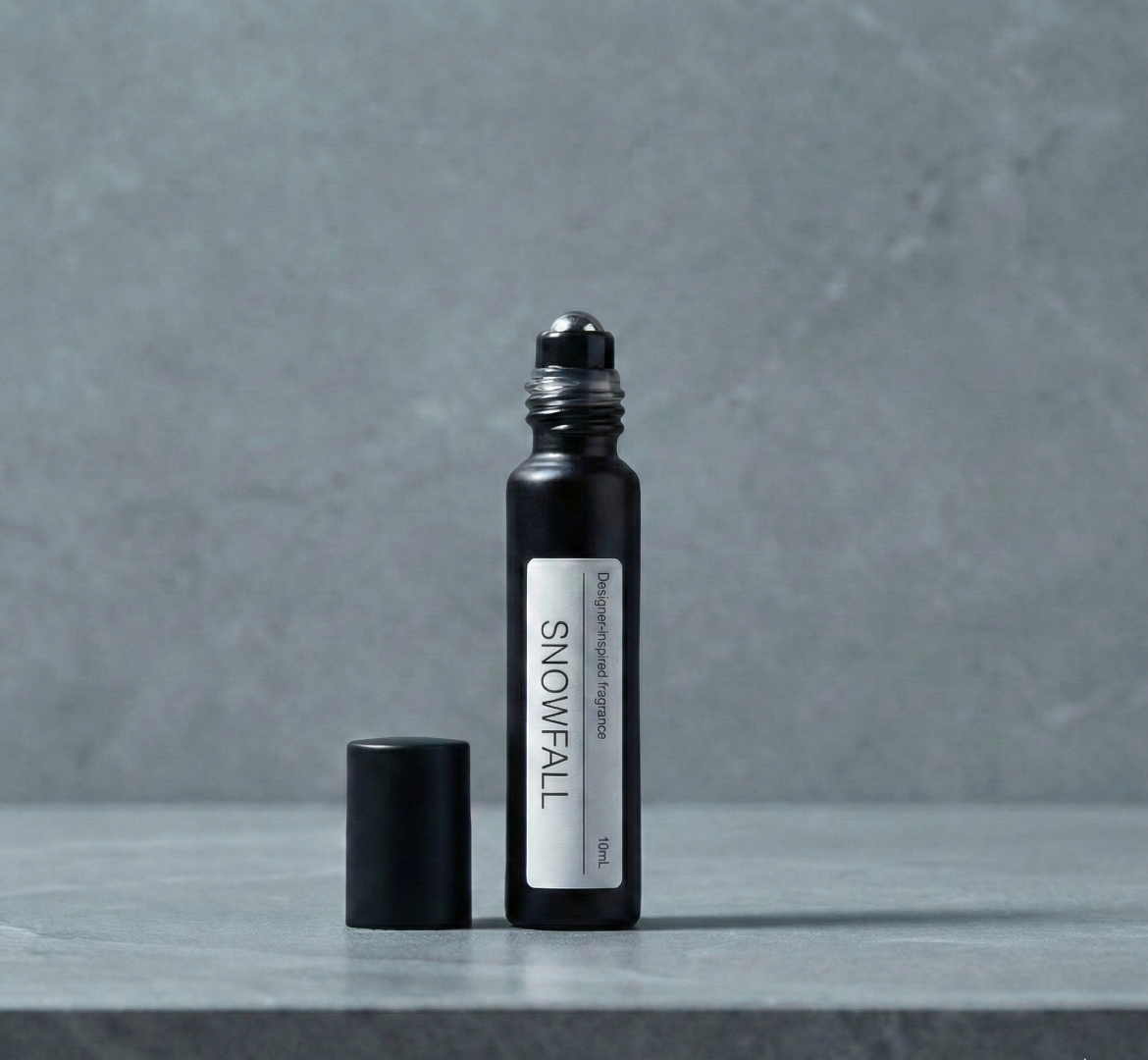 Minimalist perfume roll-on on marble SNOWFALL Chanel 1957 alternative
