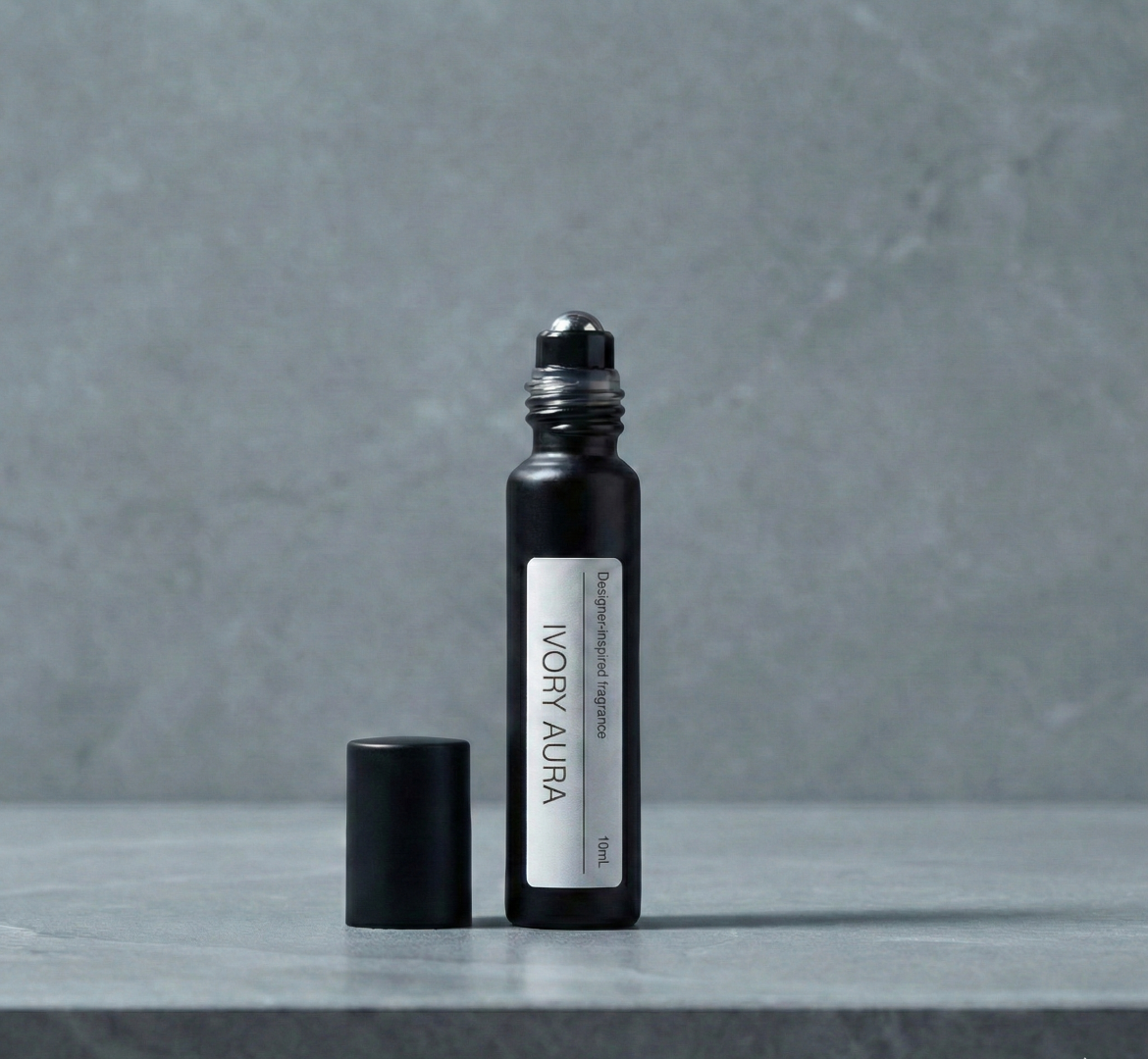 Black roll-on bottle on white marble, IVORY AURA Chanel CHANEL NO 5 dupe Australia