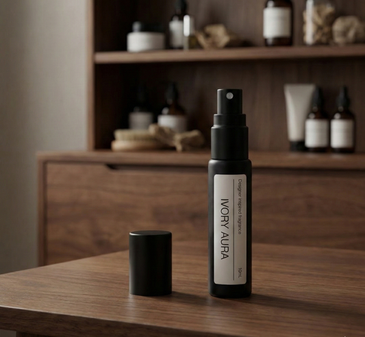 10ml travel size glass bottle of Ivory Aura, the best Chanel No 5 dupe with aldehydes and jasmine.