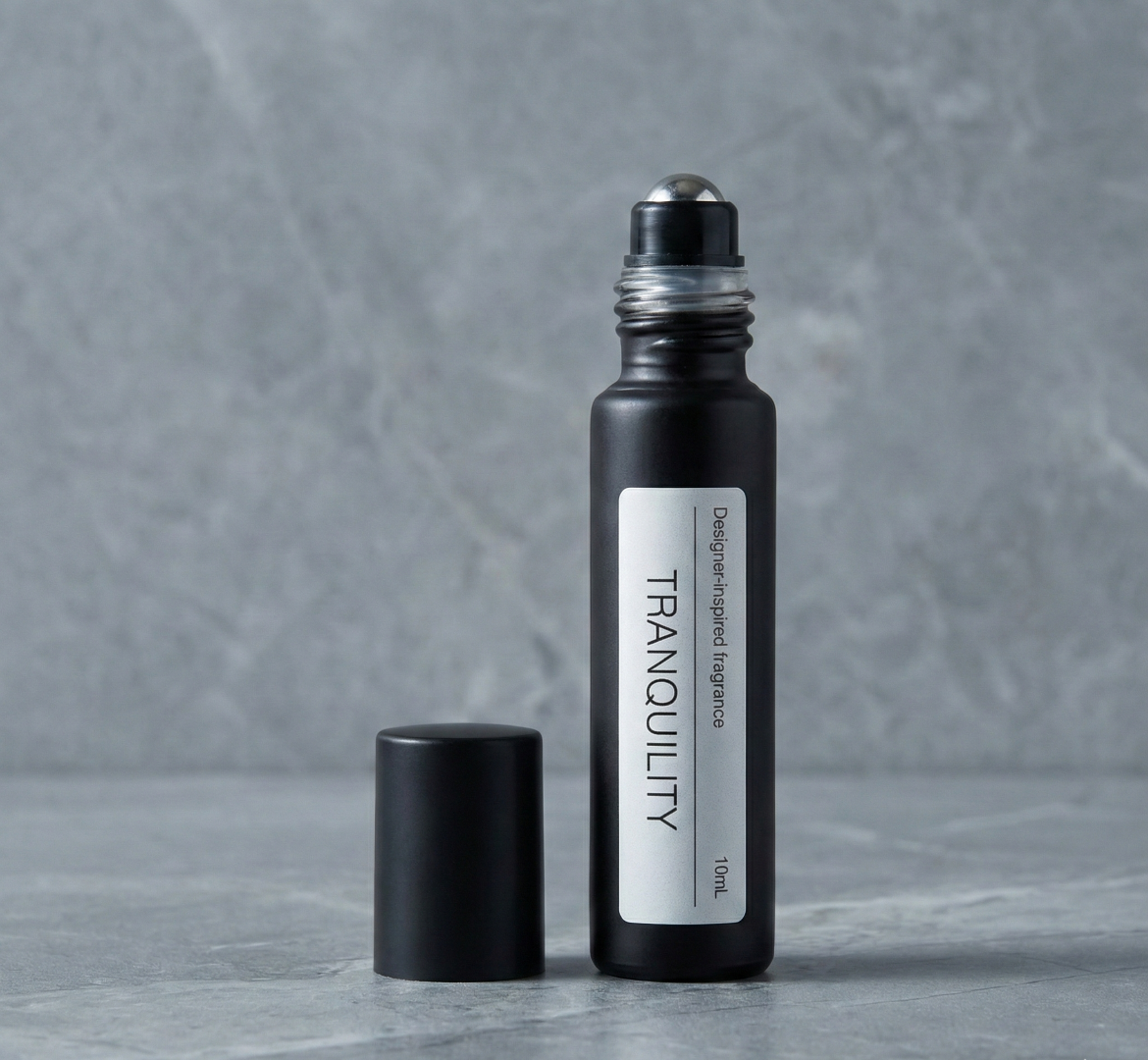 Black perfume roll-on bottle on white background TRANQUILITY Diptyque DO SON dupe Australia