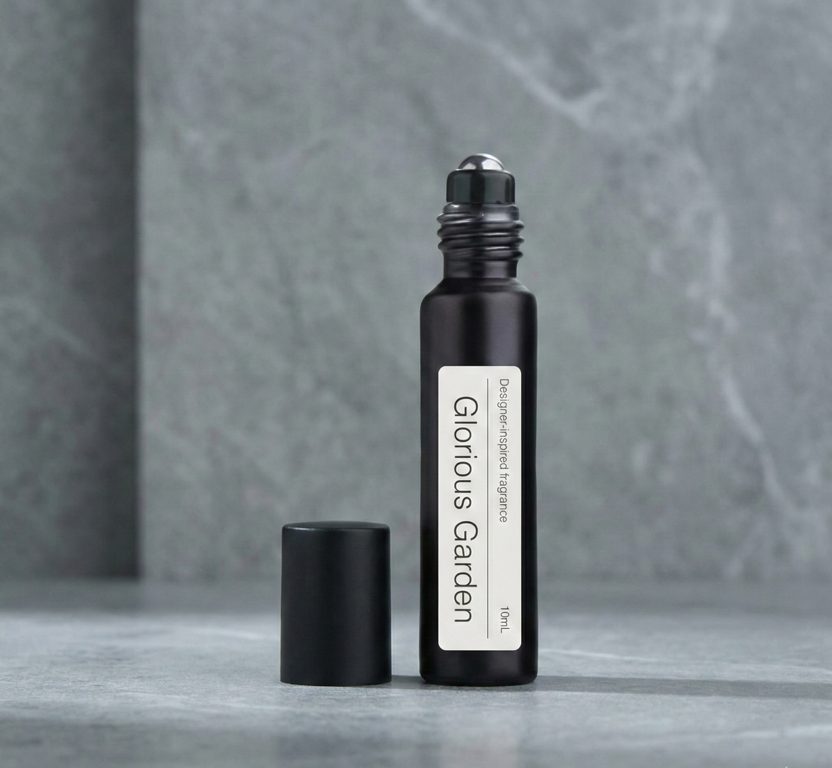 Black roll-on bottle on white marble, Glorious Garden Gucci GLORIOUS MANDARIN dupe Australia