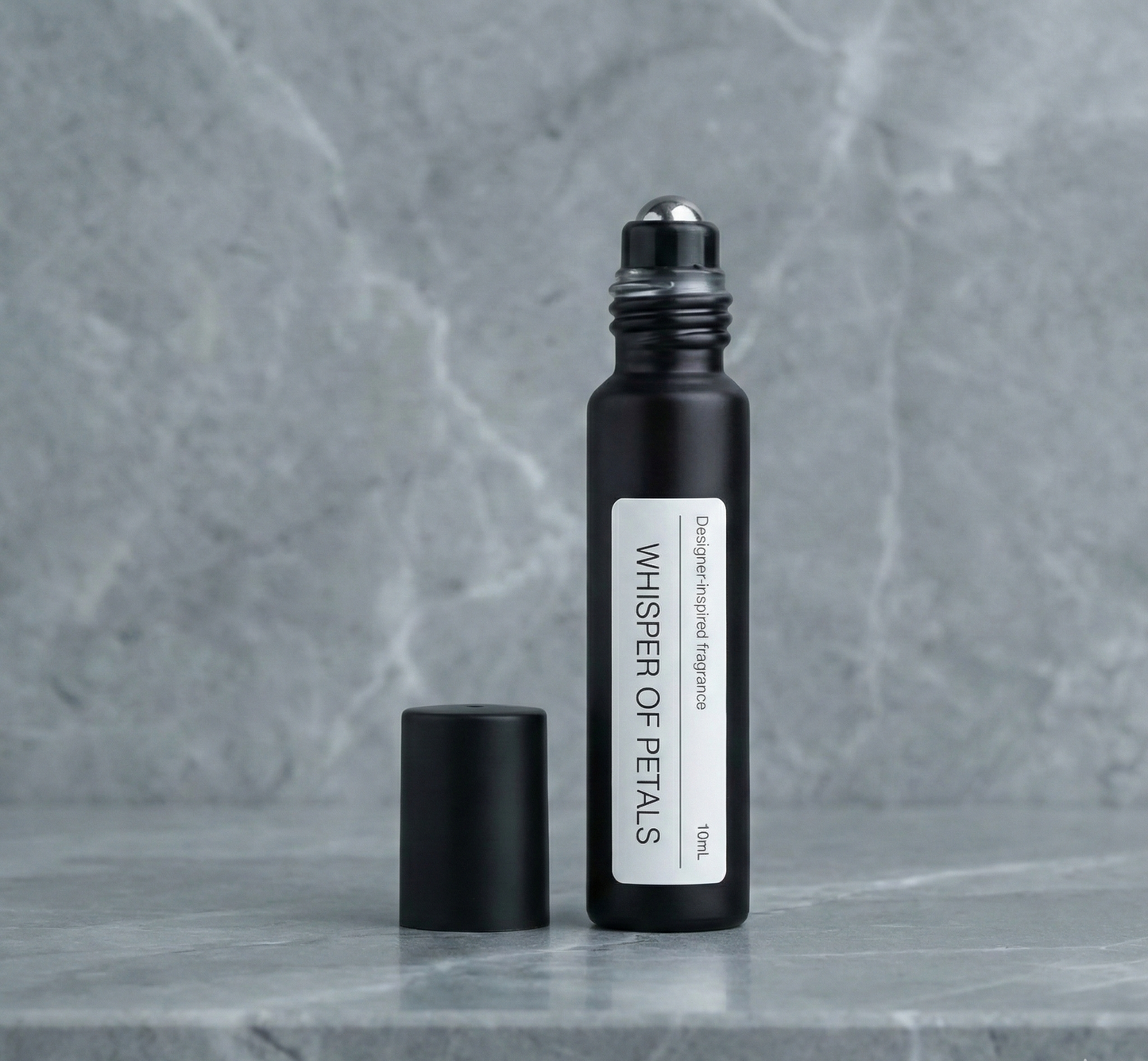 purelyBlack roll-on perfume display, WHISPER OF PETALS LV ROSE DES VENTS impression