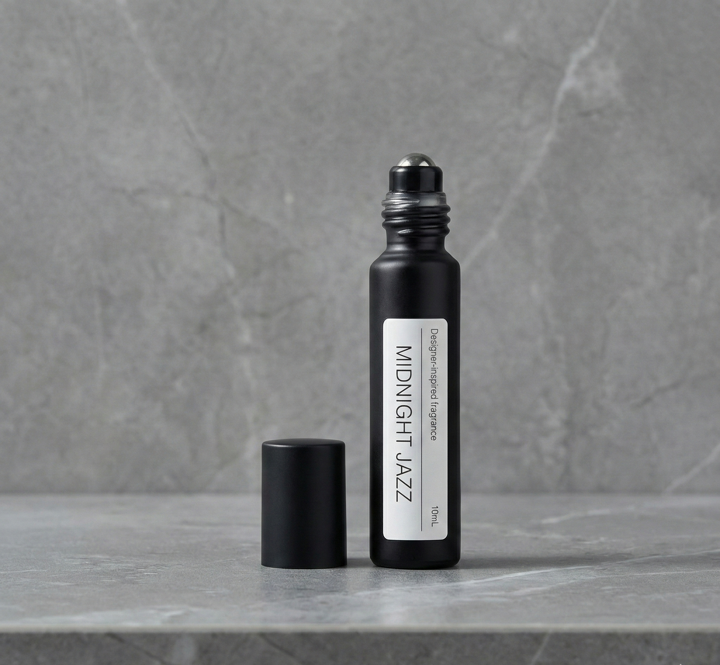 10ml perfume roll-on with black cap, MIDNIGHT JAZZ leather fragrance alternative